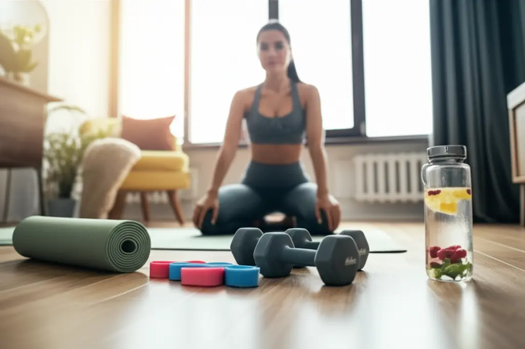 Equipamentos essenciais para treino de glúteo em casa: colchonete, mini band e halteres
