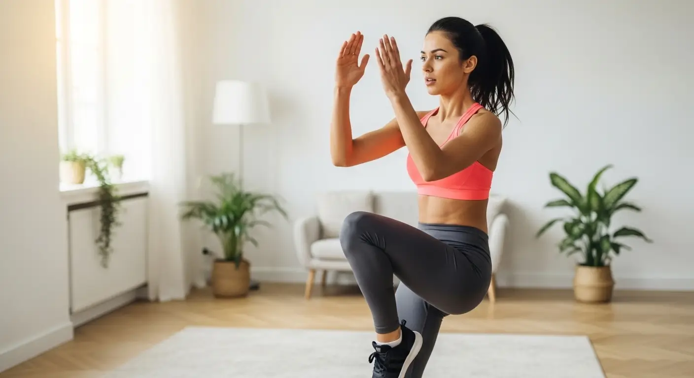 Mulher jovem realizando um exercício de cardio em casa, sem equipamento, destacando a praticidade e eficácia dos movimentos.