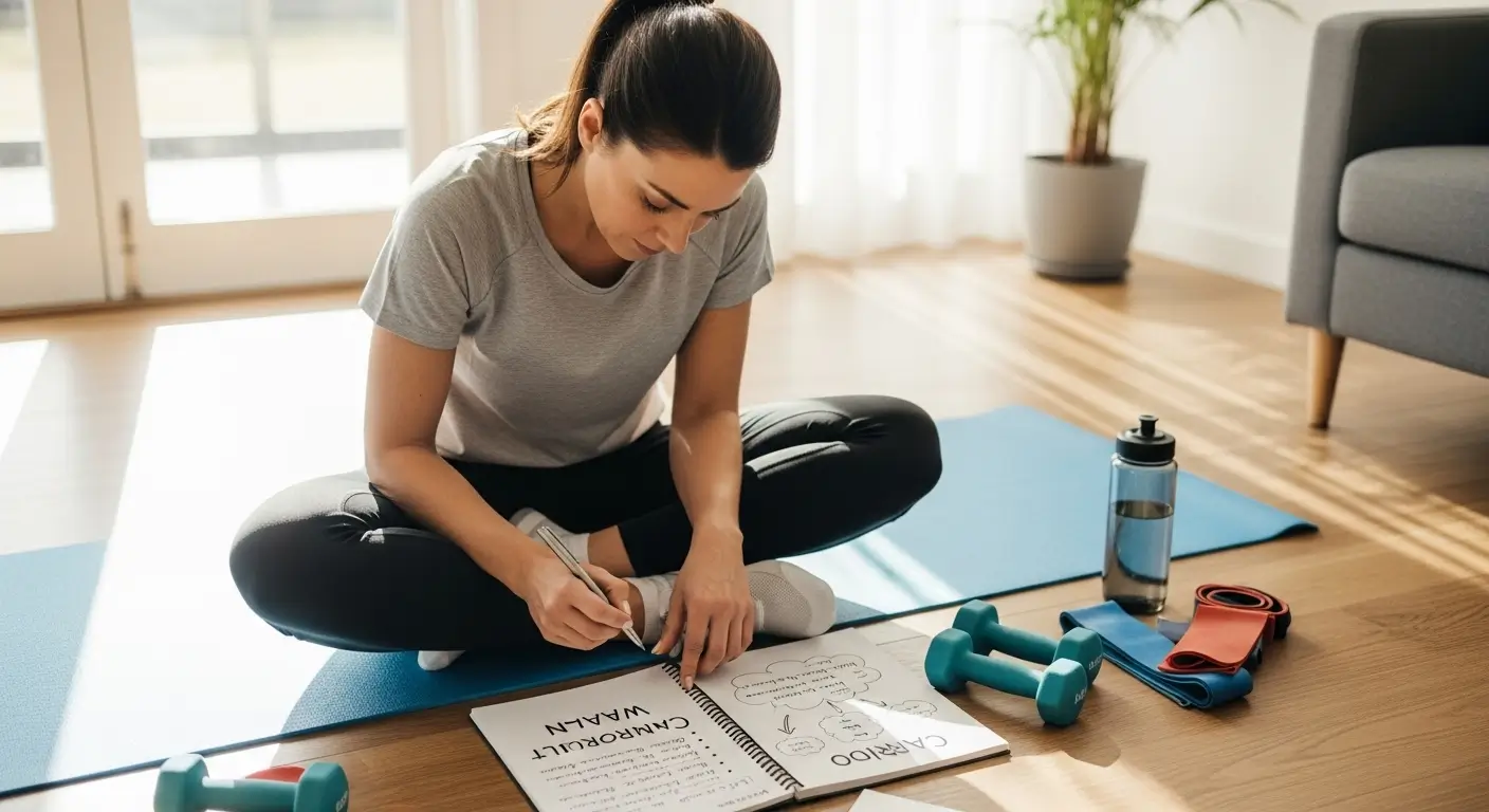 Pessoa com roupa de treino planejando um treino de cardio em casa em um caderno, focando em como montar uma rotina eficaz.